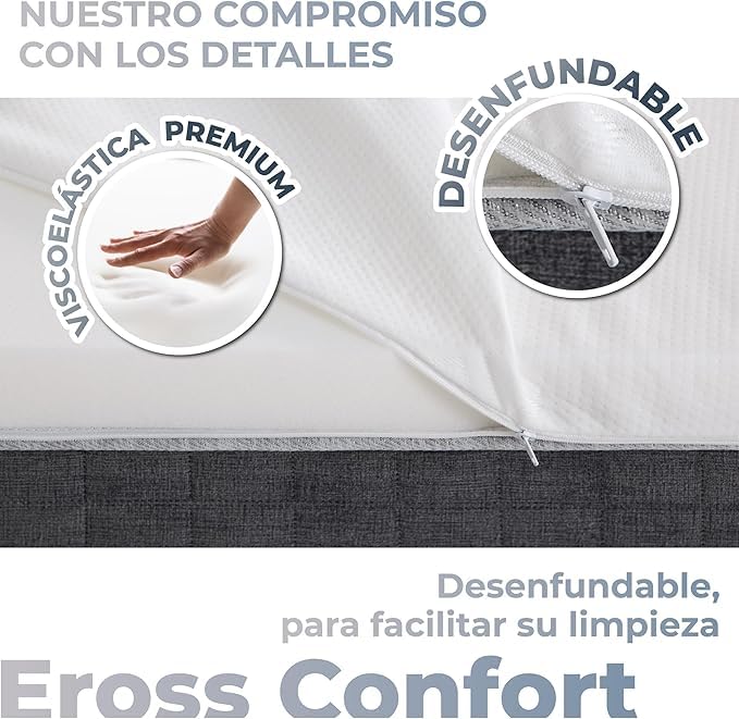 Topper 180x190 Viscoelástico. Cubre Colchón de Espuma con Memoria Adaptable a Todos los Colchones. Hipoalergénico y Transpirable. Desenfundable, Cremallera y Lavable. Moncel ErossConfort