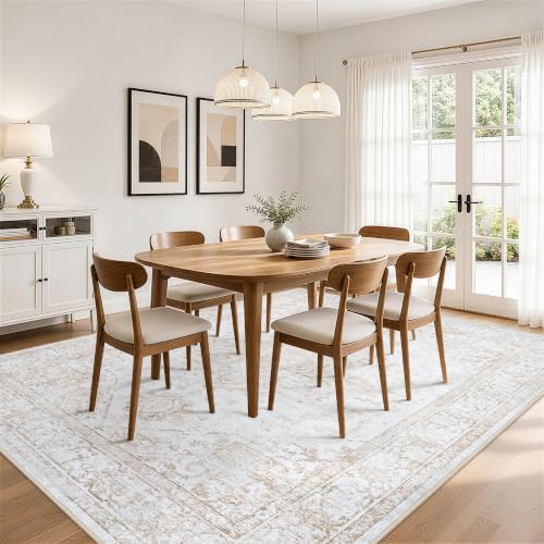 Xafir 8x10 Area Rugs for Living Room Washable Non-Slip Rug Beige | Vintage Medallion Rug，Soft Low Pile Large Rugs，Indoor Retro Carpet for Bedroom Nursery Dining Table Farmhouse Home Office