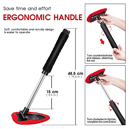Topmart Windshield Cleaner,Windshield Cleaning Tool With Extendable Handle And Air Vent Duster For Car Interior Exterior,Car Glass Cleaner Kit With Washable Reusable Microfiber Cloth #TOP2