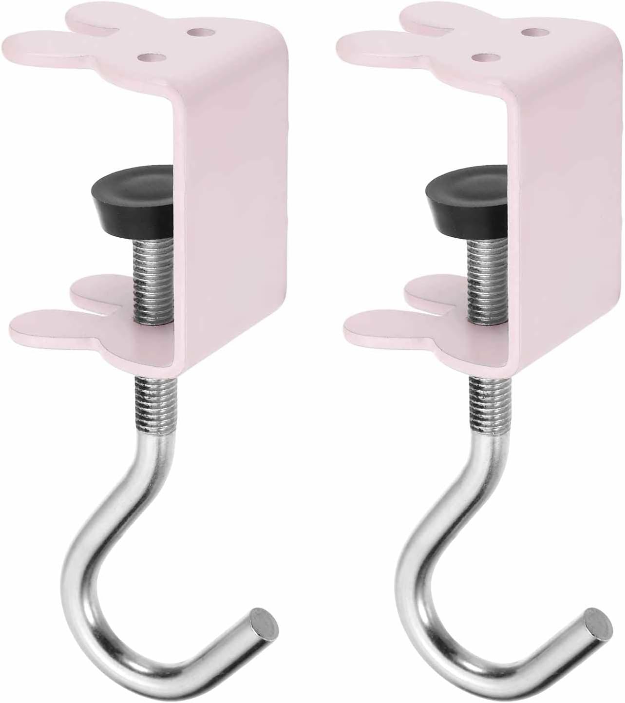 HARFINGTON 2pcs Desk Hook Clamp 0.2"-1.4" Clamping Range Rabbit Shape Bag Hook for Backpack Table Purse Clothes Portable Desk Mount Bag Holder Hook Clamp, Pink