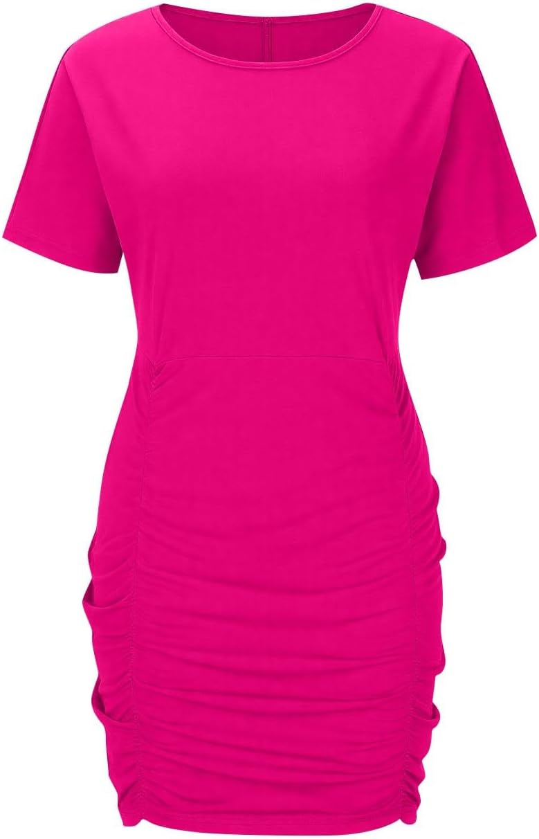 Womens Summer Casual Mini Dress Short Sleeve Crewneck Smocked Travel Tunic Sundress Beach Vacation Clothes