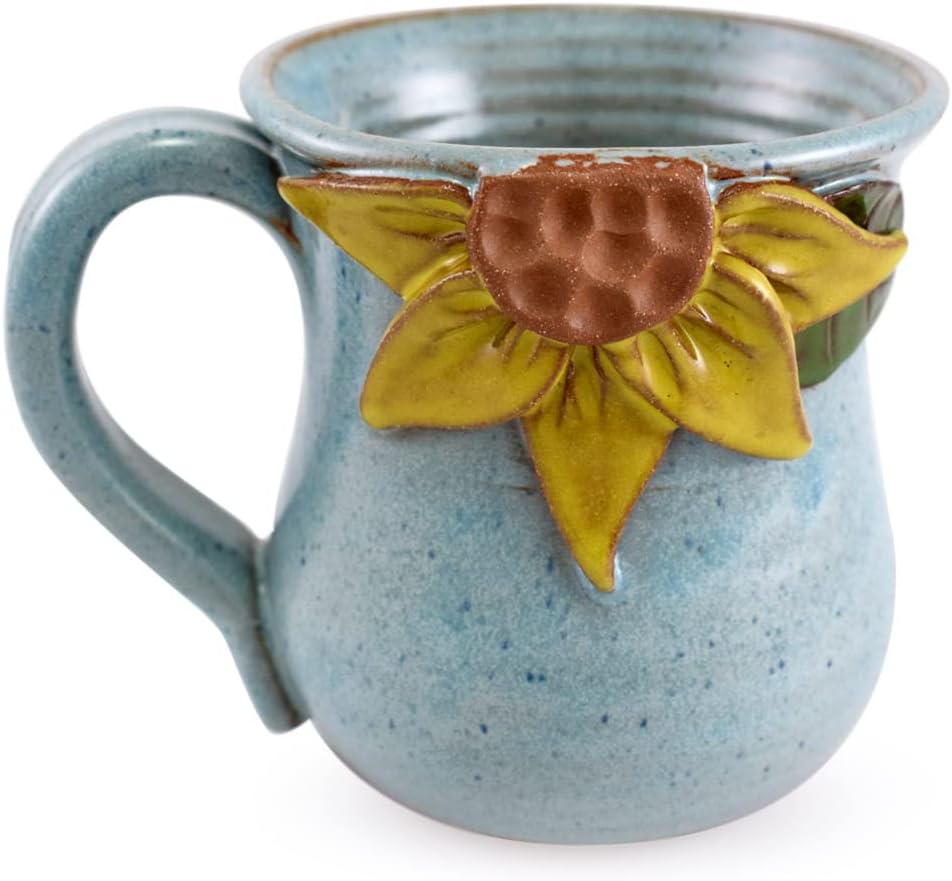 Sculpted Sunflower Mug - American Made Stoneware Pottery, 16-oz