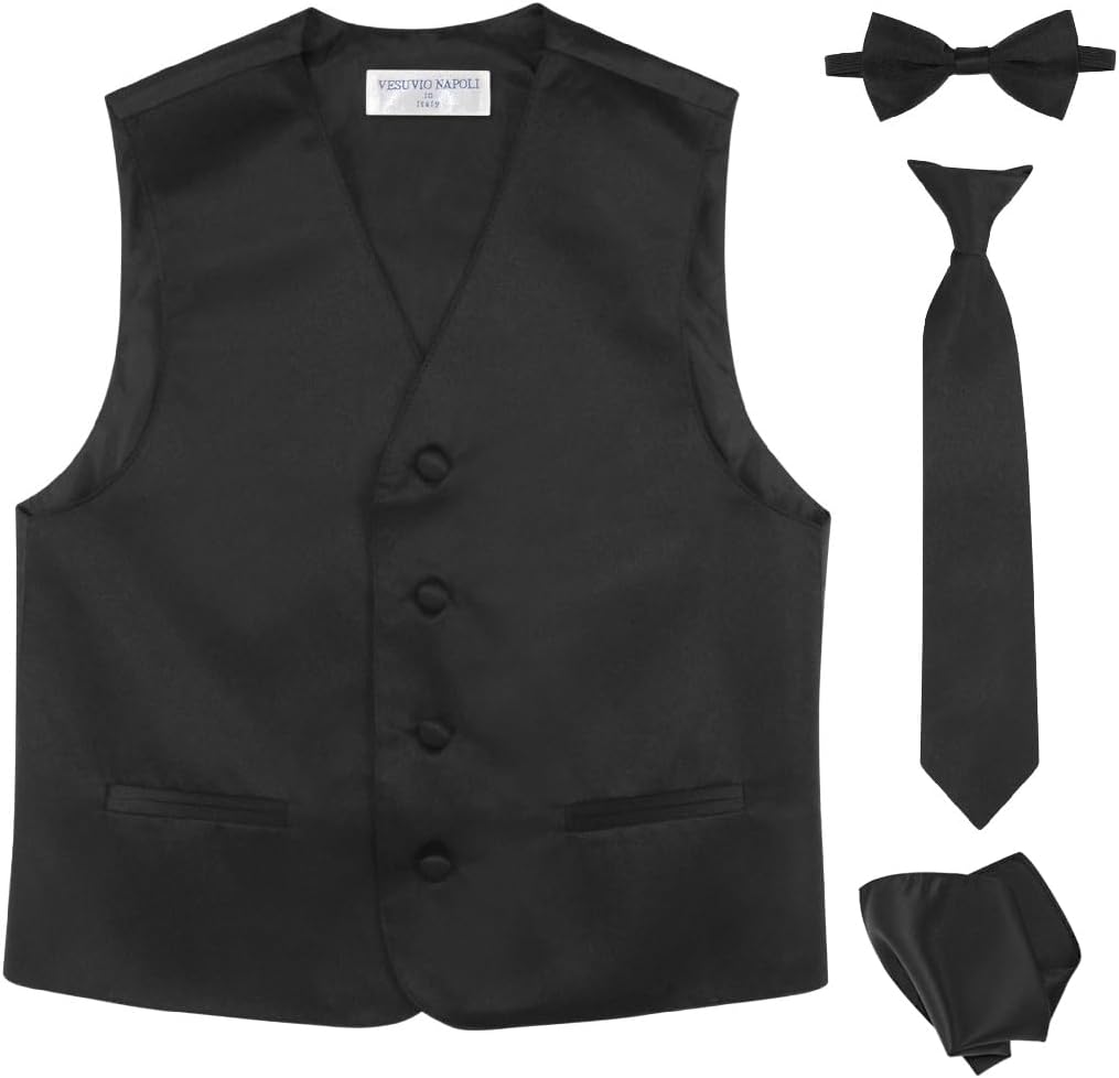 Vesuvio Napoli Boy's Dress Vest Bow Tie Necktie Hanky 4 piece set. Solid Color Variety Pre-Tied Ties