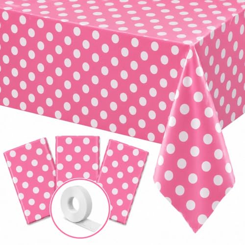Image of Blue Orchards Pink Polka Dots Table Cover (Pack of 3 with 20 Glue dots) - 54 inchx108 inch XL - Pink and White Dots Plastic Tablecloth, Girl Decoration, Baby Shower, Cartoon Themed Birthday Party Supplies