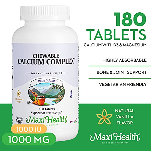 Chewable Calcium Complex - 1000 Mg Calcium Daily Dietary Supplement With Vitamin D3 (1000 Iu) And Magnesium (400 Mg) - Bone, Teeth And Joint Support For Men And Women - 180 Count Chews - Maxi Health #TOP1