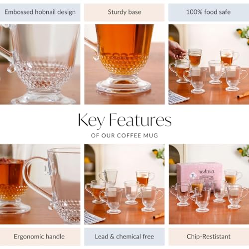 Image of Nestasia Set of 6 Transparent Glass Tea Cups (196ml Each) - Beaded Textured 100% Food Safe & Chip-Resistant Glass Set | Perfect for Irish Coffee, Hot & Cold Beverages