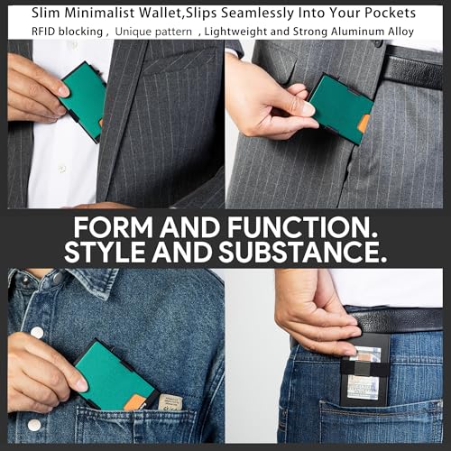 Image of Minimalist Mens Card Holder Wallet, RFID Blocking Slim Smart Pop Up Aluminum Wallet,Holds 12+ Cards,Expandable Compact Plate,Cash Strap /Money Clip (Forest Green)