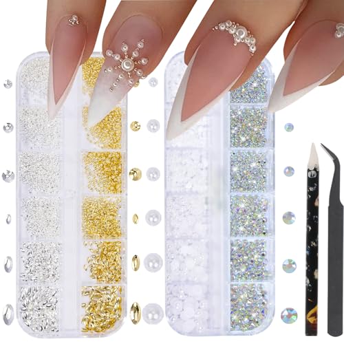 HNUIX Nail Art Charms - Metal Silver & Gold Beads, Flatback Half Round Rhinestones, Small Nail Pearls, 3D Mixed Sizes Decorations for Nails Kits
