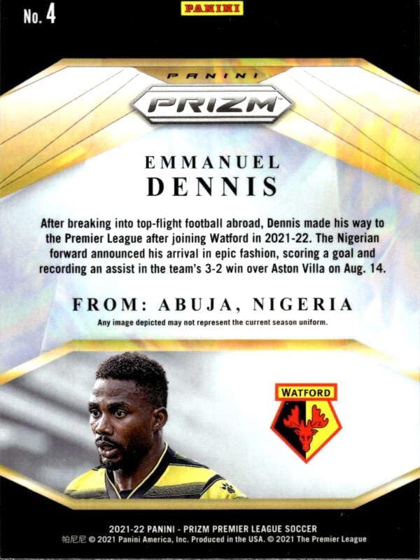 Miniatura 2 de 2021-22 PANINI PRIZM PREMIER LEAGUE BRILLIANCE #4 EMMANUEL DENNIS WATFORD SOCCER OFFICIAL TRADING CARD OF SOCCER