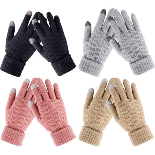 Winter Gloves for Women - 4 Pairs Touchscreen Gloves for Women Cold Weather, Fashion Knit Mittens Warm Winter Gloves