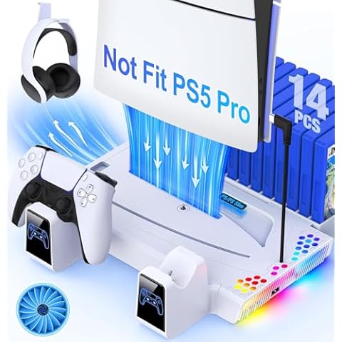 PS5 Slim Stand and Cooling Station with Controller Charging Station for Playstation 5 Disc/Digital, PS5 Accessories Incl. Cooling Fan, RGB Light, Headset Holder, 14 Game Slots for PS5 Slim Console Cover