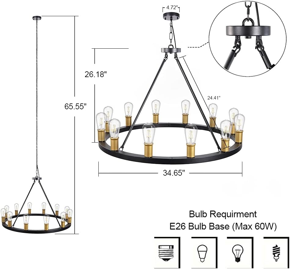 Wellmet Farmhouse Chandelier,12 Lights Black Wagon Wheel Large Chandelier for Kitchen Island,Hanging Modern Farmhouse Pendant Light for Dining Room,Living Room,Hallway,35-Inch W