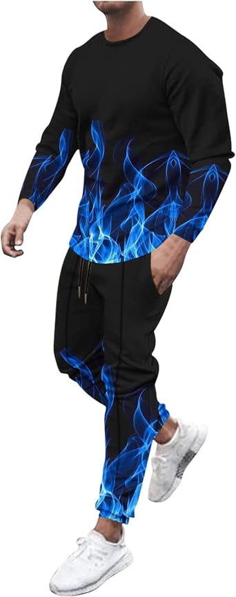 Mens Casual Tracksuit Long Sleeve Running Jogging Sweatsuit Causal Long Sleeve 3D Flame Print Sweatsuit 2 Piece