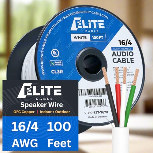 Elite 16/4 Speaker Wire 100ft, UL Listed, CMR/CL3R, (Riser/In-Wall & Outdoor/In-Ground (Direct Burial)- 100% Oxygen Free Pure Bare Copper (OFC), 16AWG/4-Conductor, 100ft Bulk Cable (65 strands), White