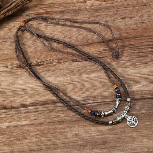 PINK TOWN Bohemian Layered Leather Necklace for Women Men Vintage Butterfly Tree of Life Tooth Pendant Necklace Adjustable Boho Wooden Beads Braided Necklace Ethnic Style Jewelry4