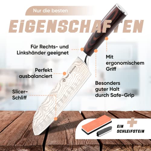 Foto von HORLAT YifantacyCACA Heim Solution Santoku Messer Allzweckmesser mit passendem Schleifstein rostfreier Stahl 18cm Klinge Damast Muster scharfe Klinge für Fleisch Gemüse