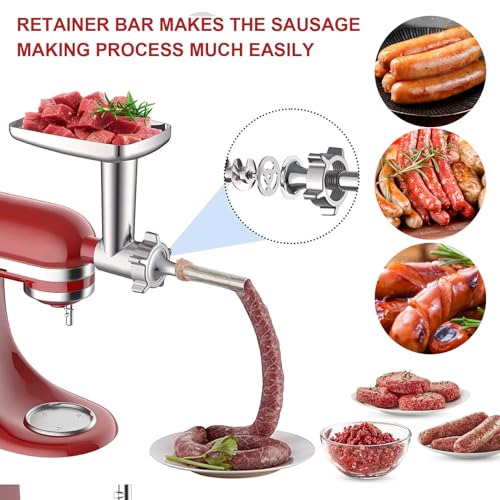 Metal Food Grinder Attachments for KitchenAid Stand Mixers, Meat Grinder, Sausage Stuffer, Meat Grinder for Kitchenaid Mixer, Includes 4 Grinding Plates, 3 Sausage Stuffer Tubes, 3 Grinding Blades