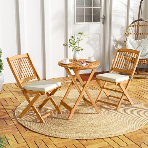 Image of Tangkula 3 Pieces Acacia Wood Patio Folding Bistro Set, Outdoor Table and Chairs Set with Soft Cushions, Patio Furniture Set for Porch, Balcony, Garden, Deck and Backyard