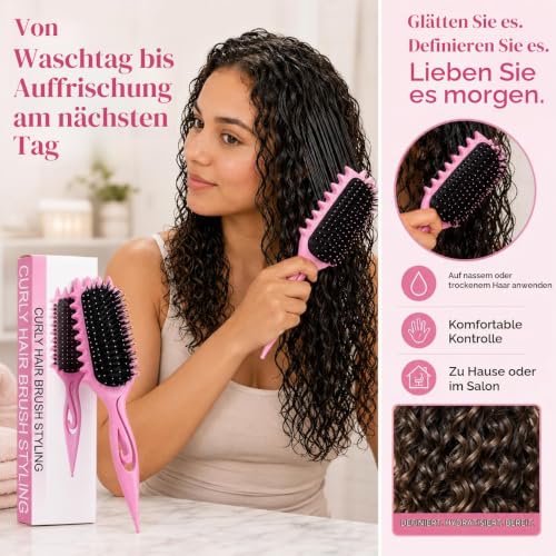 Lockenbürste Curly Hair Brush mit Wildschweinborsten,Stylingbürste (Rosa) – Ansicht 4