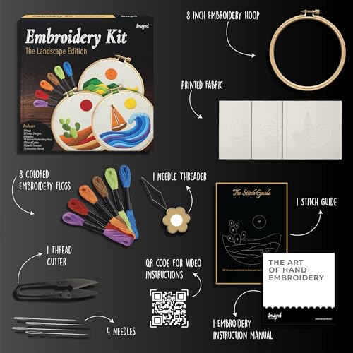 Image of Unwynd Embroidery Kit Landscape Theme for Beginners, Cross Stitch Hand Embroidery Kit for Adults, Easy DIY Crafts, Starter Set with Flower Pattern (Pack of 3 - Landscape Edition)