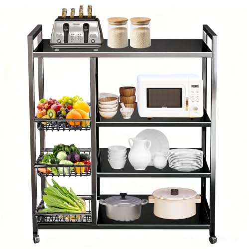 Beauenty 4-Tier Kitchen Storage Shelf Unit Rolling Utility Cart with 3 Pull-Out Baskets Metal Vegetable Stand for Kitchen Pantry Snacks Onion Fruit Storage Shelf