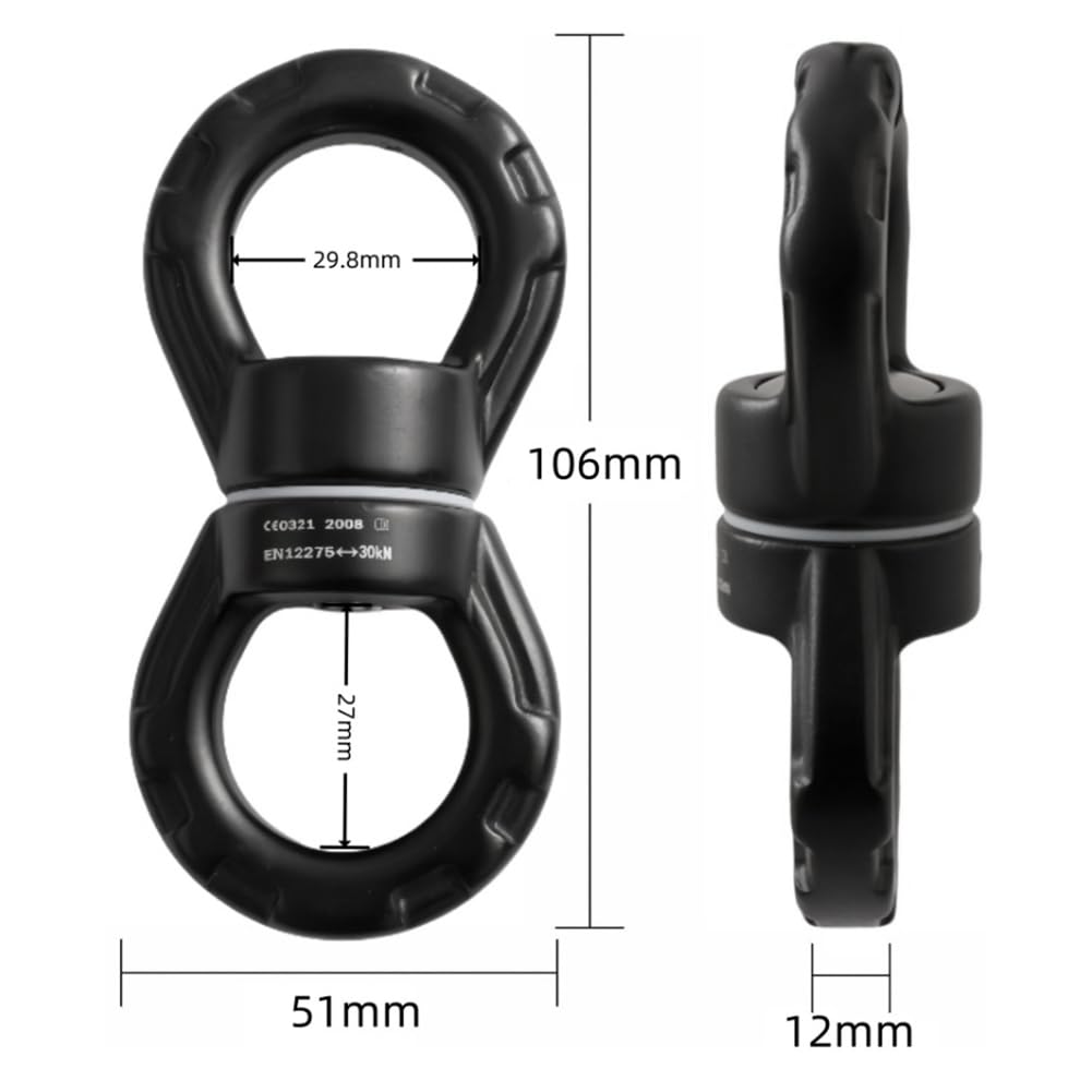 Mosquetón Giratorio de 30 KN, Color Negro, Ideal para Escalada en, Hamaca Colgante, Danza Aérea y Columpios de Árbol para Niños Al Aire Libre.