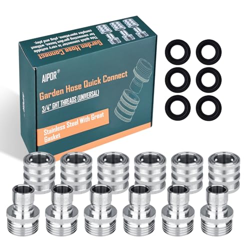AIPOR 6 Pack Quick Connect Hose Fittings Stainless Steel Garden Hose Quick Connector Universal Fit 3/4 Inch GHT Water Hose Connectors Quick Disconnect Adapter No-Leak