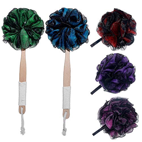 Joewisen Luffa Back Scrubber with Bamboo Charcoal | Lufas For Men & Women | 2 Loofah Sponge with Long Handle wood for Shower & 3 Bath sponge | Body Exfoliating Loofah on a Stick