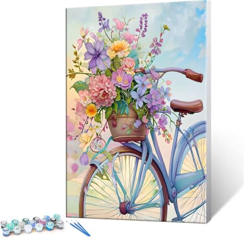DIY 数字油絵 自転車 花 Paint by Numbers 塗り絵 キット 大人 数字ぬりえ 子供の用数字塗り絵キャンバスクラフト数字 キャンバスアート ブラシとアクリル絵の具が入, インテリア リビング装飾, 女性へのギフト 100x140cm (フ