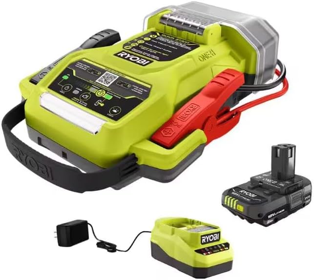 RYOBI ONE+ 18V Cordless 1600A Jump Starter with LED Work Light Kit with 2.0 Ah Battery and Charger