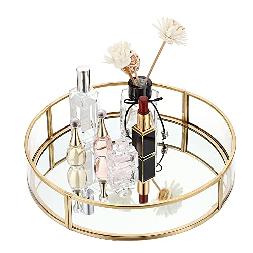 SUMNACON Plato de perfume redondo dorado de metal y cristal para joyas, espejo para joyas, cosméticos, botellas de perfume, organizador de joyas, tocador, cuarto de baño, regalo para mujer y niña