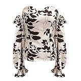 QWUVEDS Bluse Mit Kelchkragen Brustumwickelte Hemdärmel für Damen, Bedruckt, Chiffon, trägerlose Laterne, Damenbluse Oberteil Mond