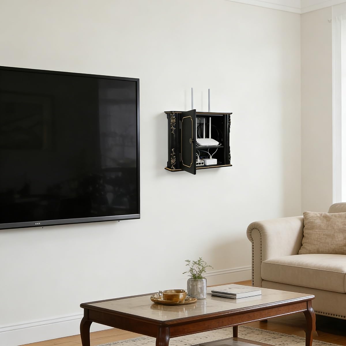 Cache Box pour Routeur WiFi Mural, Boîte de Rangement Décorative en Bois pour Cacher Routeur et Cables | Design Élégant pour Salon et Bureau(White Gold,20 * 15.7in)