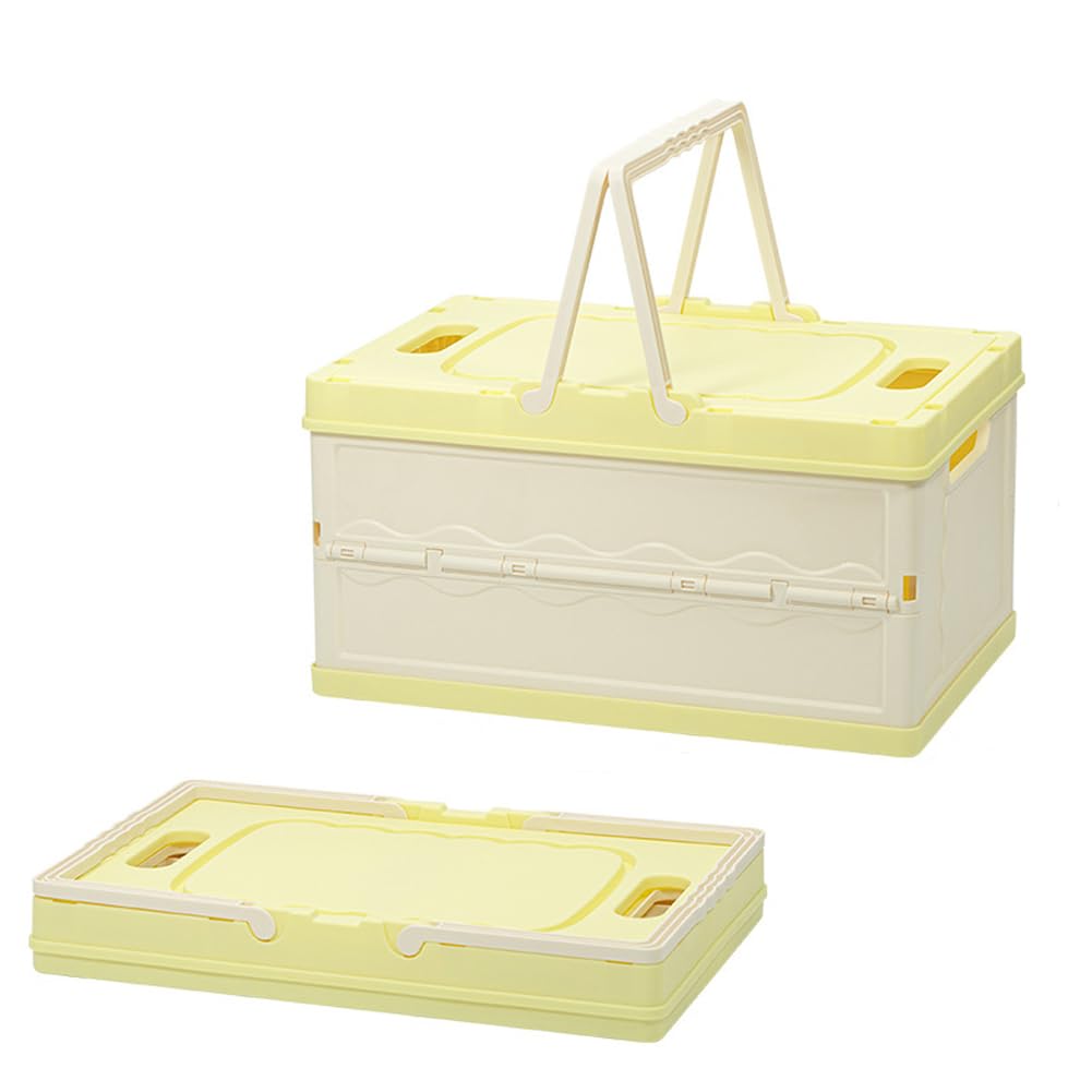 Mumuxiao Yellow Lidded Storage Basket Large 30L Collapsible Crates Plastic Storage Box,Stackable Crates Portable Picnic Basket For Clothes Books Grocery Storage (Yellow)