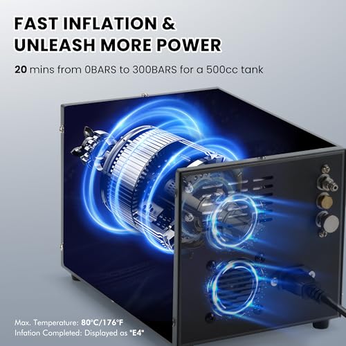 Image of PCP Air Compressor with Manual Shut Down, 4500Psi /30Mpa, Water /Oil-Free, Powered by 12V DC /120V AC, Fan Cooling System, PCP Compressor for Air Rifle, Paintball and Scuba Tank Compressor Pump (Gray)