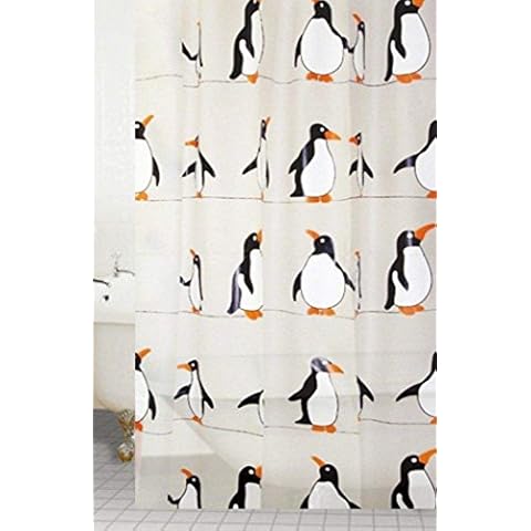 Hampton & Stewart Designer PEVA Bathroom Shower Curtain Waterproof W/12 Hooks Penguin Pattern 180/180 Cover