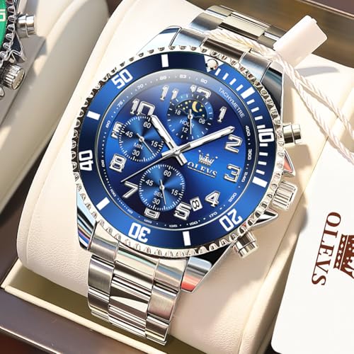 Image of OLEVS Watches for Men Stainless Steel Dress Men Watch with Date Big Face Chronograph Waterproof Luxury Fashion Watch Blue /Black /Gold /Green /Silver Face Relojes para Hombres