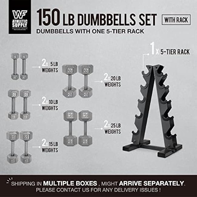 WF Athletic Supply 5-25 Lb Cast Iron Dumbbells Set with A Frame Storage Rack, Solid Gray/Black Hexagon Free Weights for Weight Lifting & Strength Training, Storage Rack Color Options Available