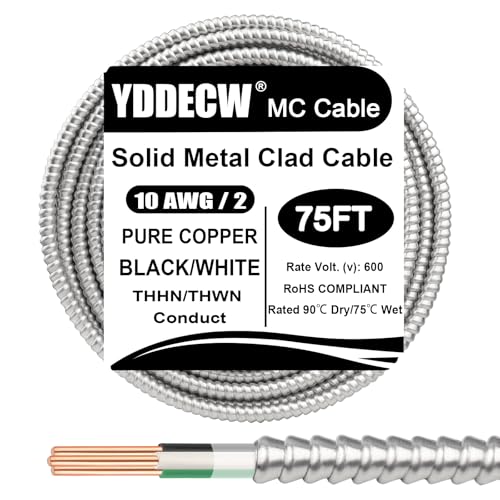 Image of 75ft 10 /2 Metal Clad (MC) Cable with Ground, 10 Gauge Electric Wire with Aluminum Armor, Solid Bare Copper Conductors for Indoor Outdoor Underground Embedded Installation (10 /2, 75 ft)
