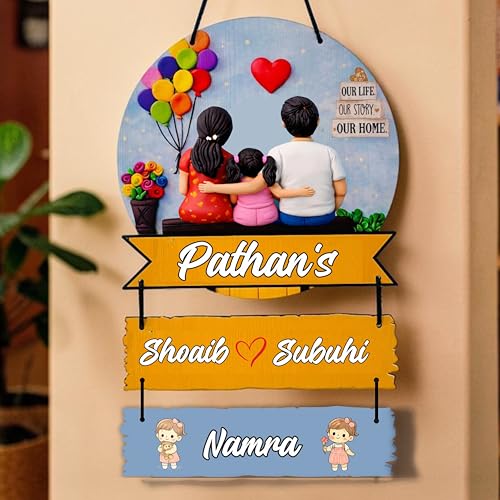 Image of P Arts Personalized Family Name Plate with 3D Illusion UV Print | Customized Wooden MDF Name Board for Indoor Home Entrance | Includes Self-Adhesive Sticky Hook for Easy Installation (Couple + 1 Girl)