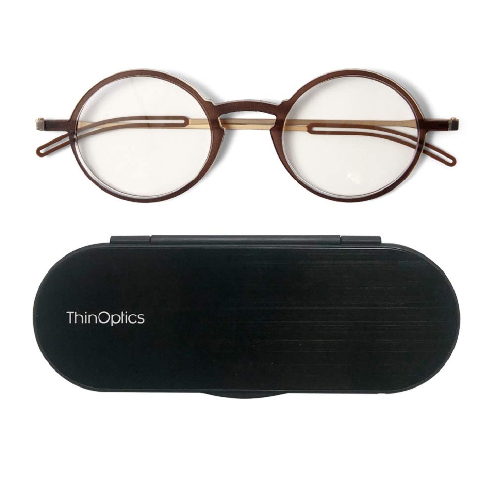 ThinOptics Manhattan Reading Glasses Brown Frames With Milano Magnetic Case - 1.00 Strength Thin Lightweight Compact Round Readers 1
