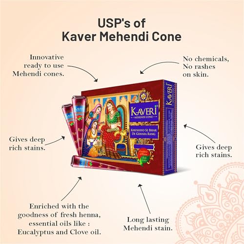 Image of Kaveri Mehendi Cone Natural Henna For Hand Design And Temporary Tattoos (3 Box = 36 Cone)