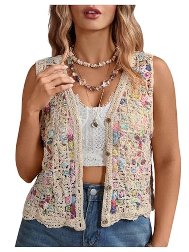 Women's Plus Size Hollow Out Crochet Sweater Vest Button Down Sleeveless V Neck Knit Tank Tops