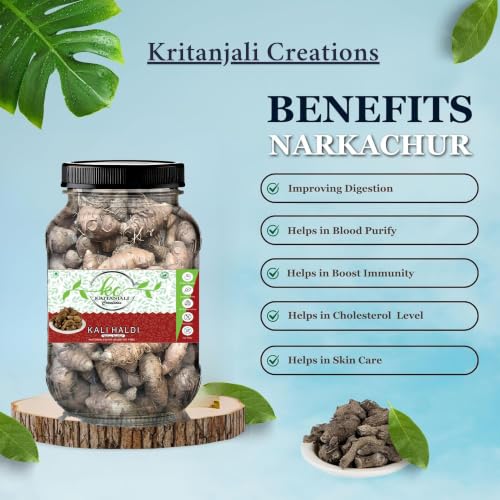 Image of Kritanjali Creations Narkachur Kali Haldi Nar Kachur Curcuma Zerumbet Zedoary Root Black Turmeric Whole Root, Natural Raw Additive-Free, 100% Pure Curcuma Caesia, 100GM