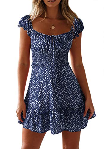 Image of Valphsio Womens Smocked Dress Ruffle Floral Tie Front Boho Short Dresses