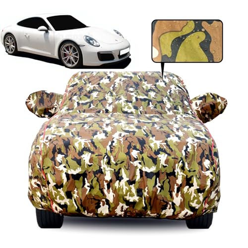 Image of Waterproof Car Body Cover for Porsche 911 with Mirror Pocket, Soft Cotton Lining, Triple Stitched, Full Bottom Elastic (Heat Resistant Jungle Print with Red Piping)