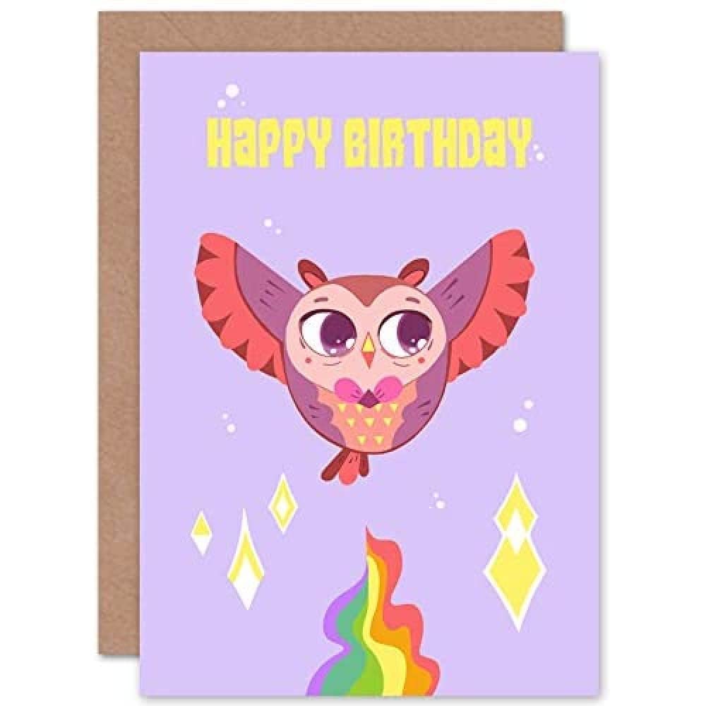 Wee Blue Coo Kawaii Owl Flying Birthday Greeting Card With Envelope Blank Inside Premium Quality