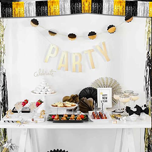 Image of 6 Pack 10 Feet Black Gold Silver Foil Fringe Garland Metallic Tinsel Streamers Banner Wall Hanging Backdrop Banner for Parade Floats, Thanksgiving, Christmas, Birthday, Halloween Party Decorations