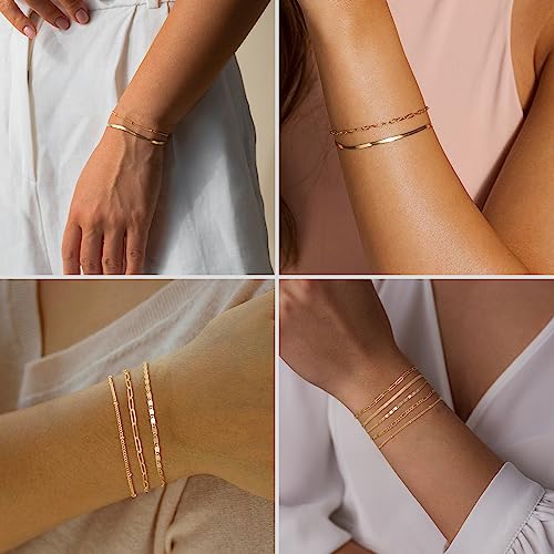 Image of DEARMAY Gold Bracelets for Women Waterproof Stackable Dainty 14K Gold Plated Rope Cuban Snake Paperclip Figaro Link Chain Pack Bracelet Adjustable Non Tarnish Fashion Accessories Jewelry Sets Gifts for Womens Mom