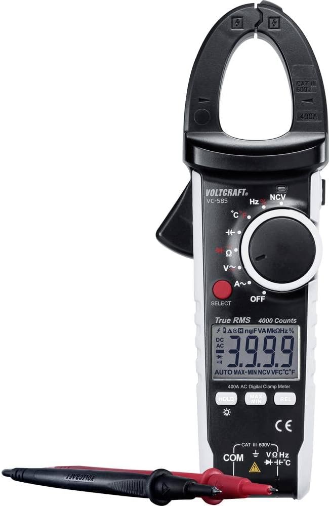 Voltcraft Digital Clamp Meter VC585; CAT III 600 V, Multimeter Functions, 4000 Counts, True RMS Readings, Compact and Robust, Including Test Leads K-Type Thermocouple and Batteries